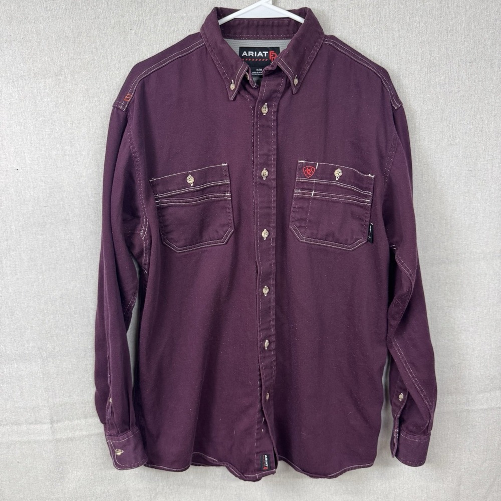Ariat FR Flame Resistant Work Shirt Mens Medium Maroon Burgundy Button Up